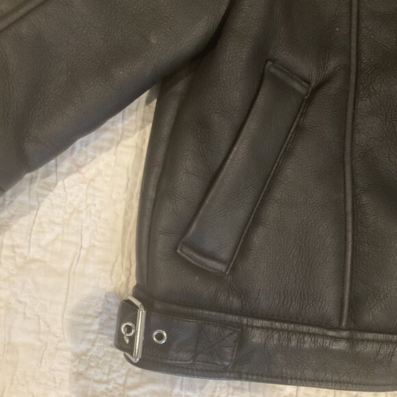 Zara Girls Black Faux Fur Shearling Biker Jacket Zipper Belt Size 8-9 130cm coat - Picture 4 of 16